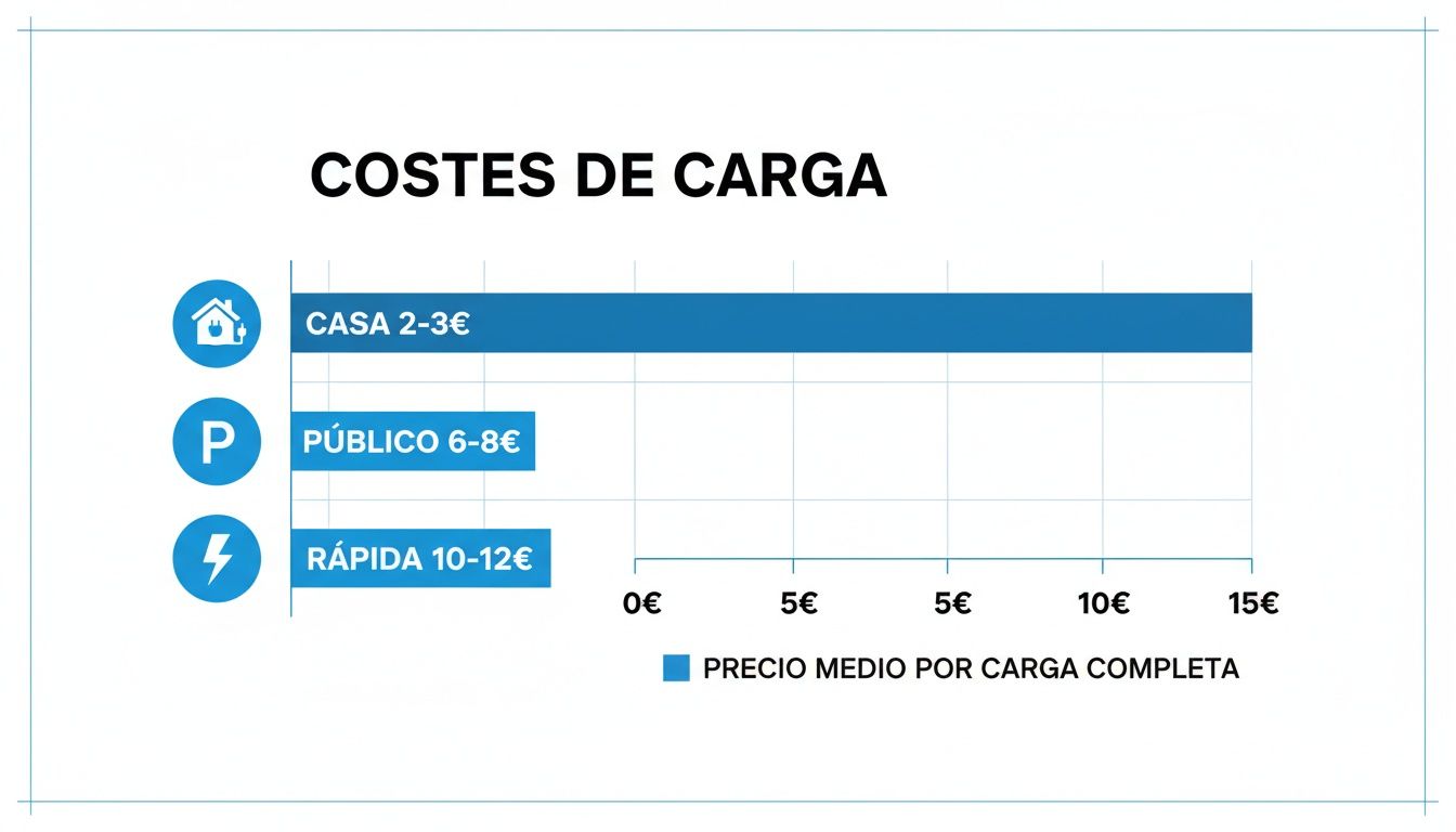 Gráfico de barras con los costes de carga de un coche eléctrico: casa, público y rápido.