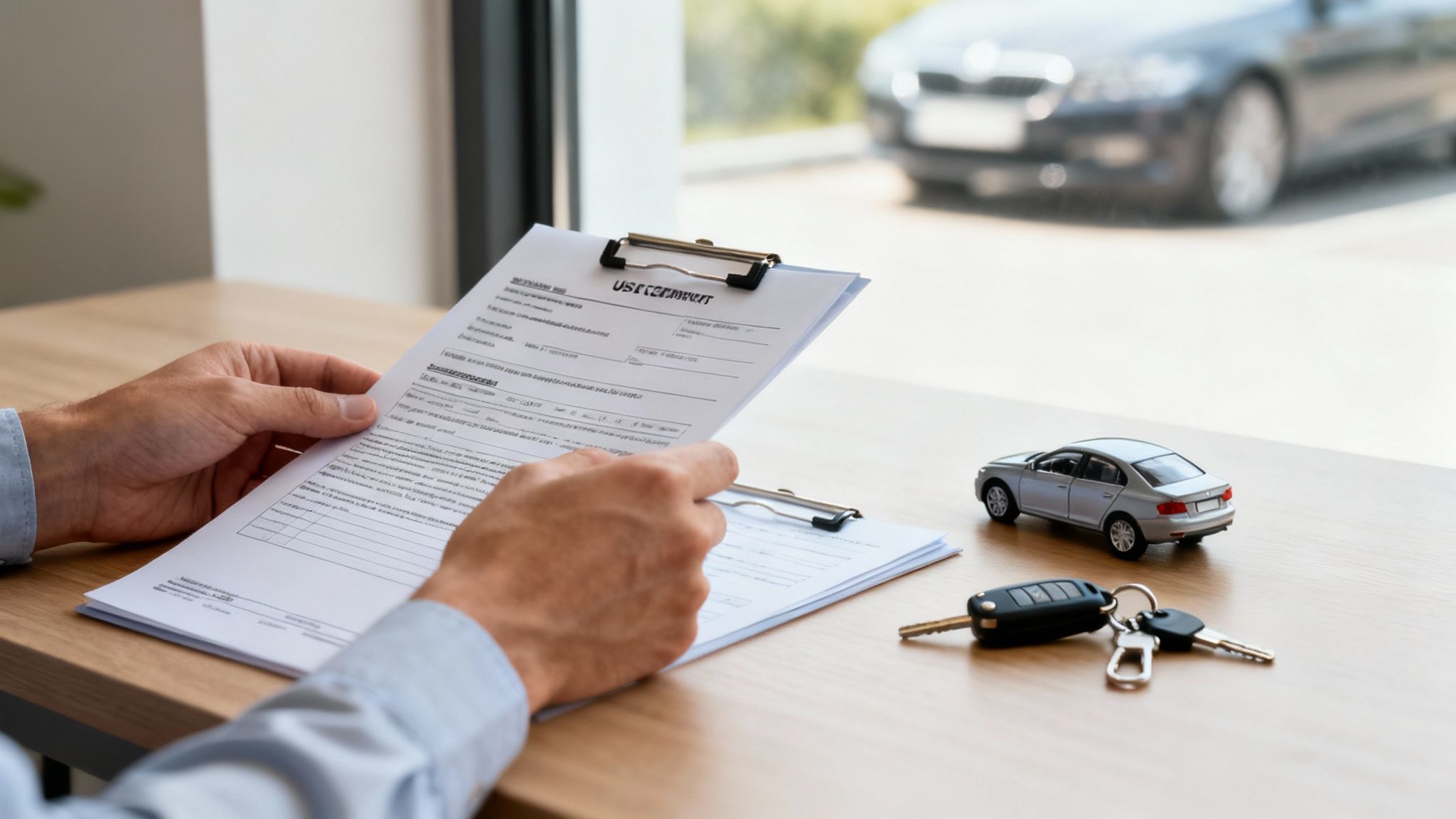 Manos de cerca revisando documentos de compraventa de coche, con un coche de juguete y llaves en la mesa.