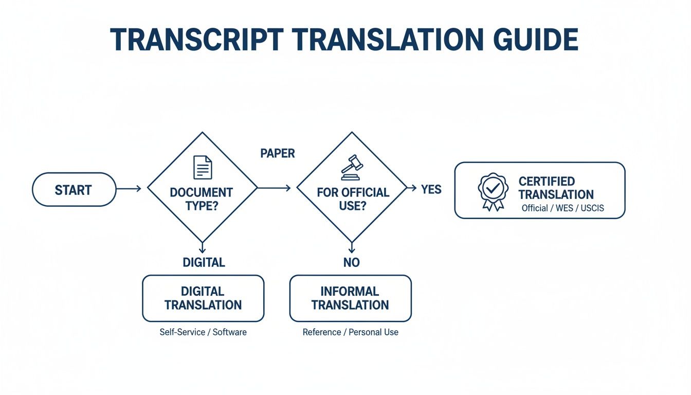 Flowchart illustrating a transcript translation guide, detailing options for digital, informal, and certified translations.