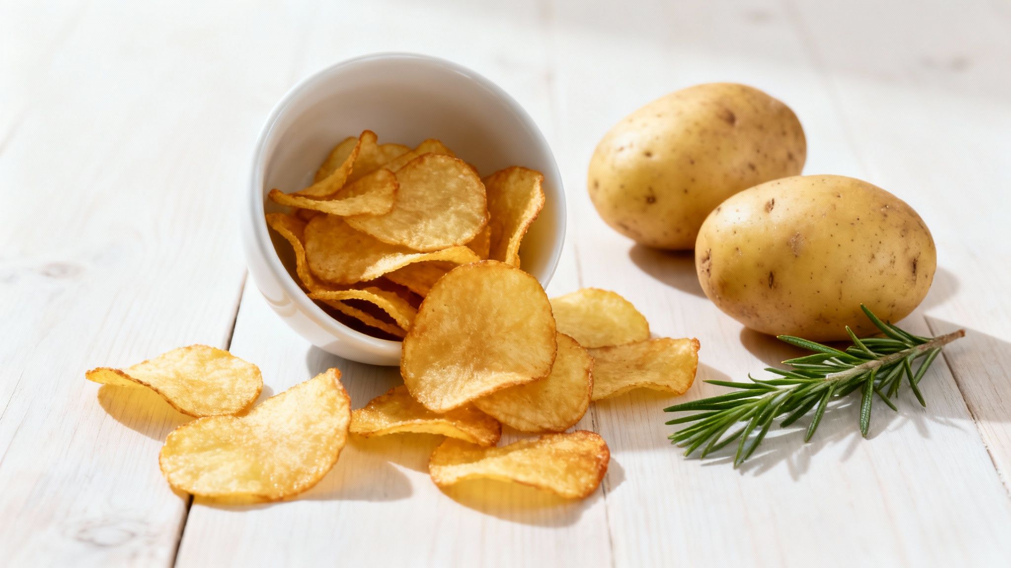 Patatas fritas doradas saliendo de un cuenco blanco, con patatas crudas y romero fresco en mesa de madera.