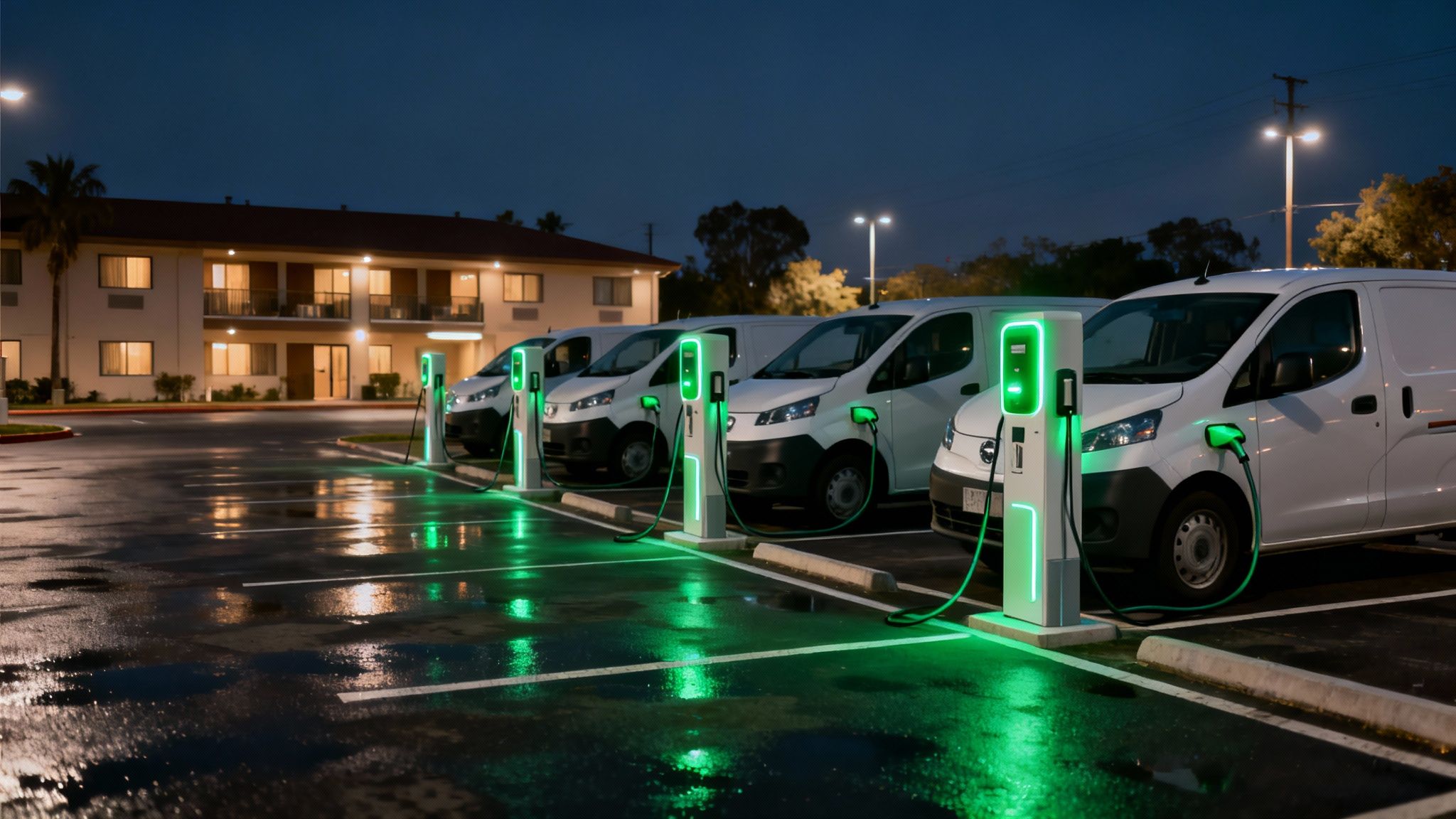 Furgonetas eléctricas blancas cargando en una estación de carga por la noche frente a un motel.