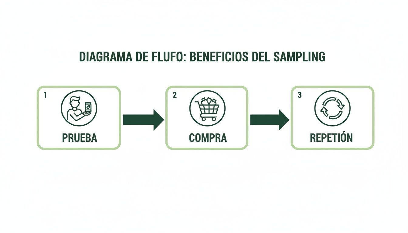 Flujograma que ilustra el ciclo de beneficios del sampling: prueba de producto, compra y repetición.