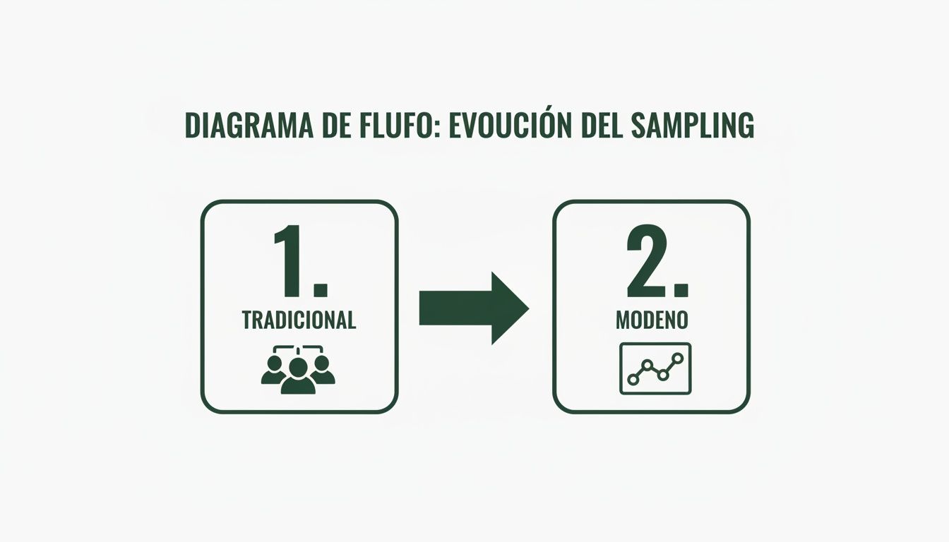 Diagrama de flujo que ilustra la evolución del sampling: de un enfoque tradicional a uno moderno y analítico.