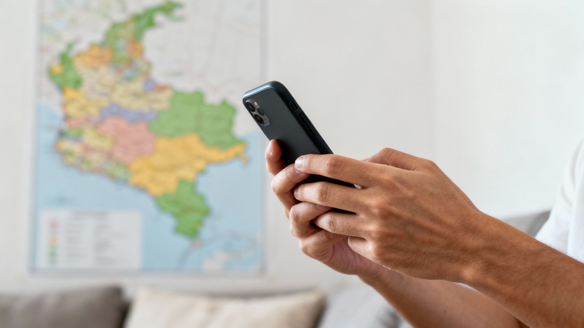 Una persona usa un smartphone frente a un mapa de Colombia, mostrando conectividad.