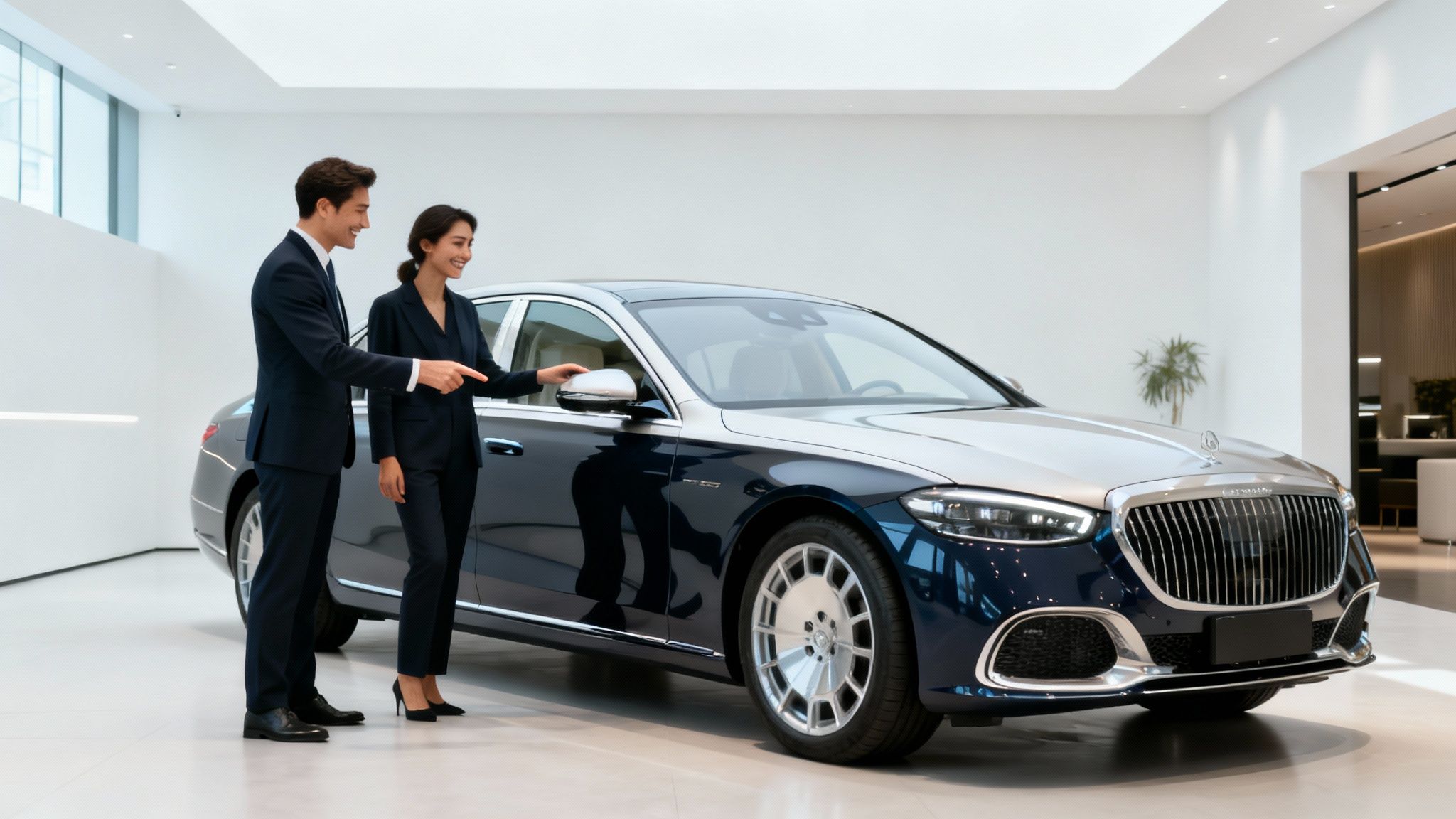 Dos profesionales sonrientes mostrando un coche de lujo bicolor en un concesionario moderno.
