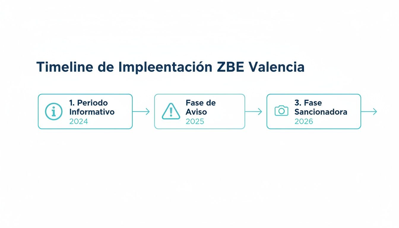 Línea de tiempo de implementación de ZBE Valencia mostrando fases informativa, de aviso y sancionadora con sus años.