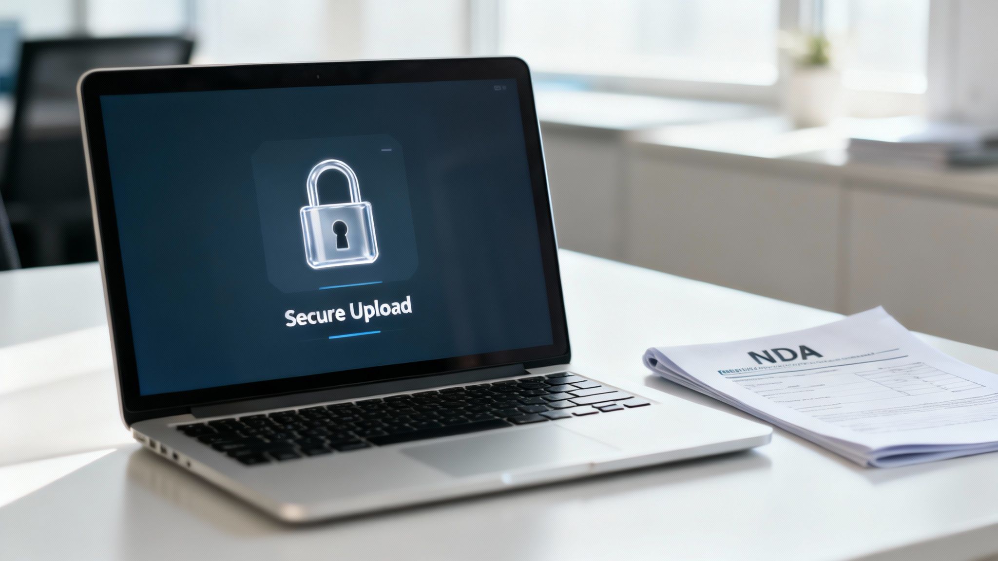 Laptop displaying a 'Secure Upload' screen with a padlock icon next to an NDA document.
