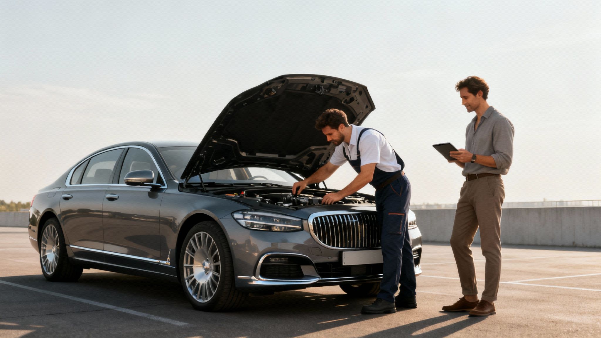 Mecánico revisando el motor de un coche importado mientras el cliente consulta una tablet.