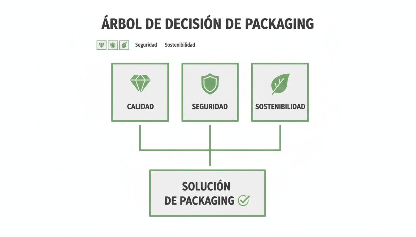 Árbol de decisión de packaging, destacando la importancia de calidad, seguridad y sostenibilidad para una solución óptima.