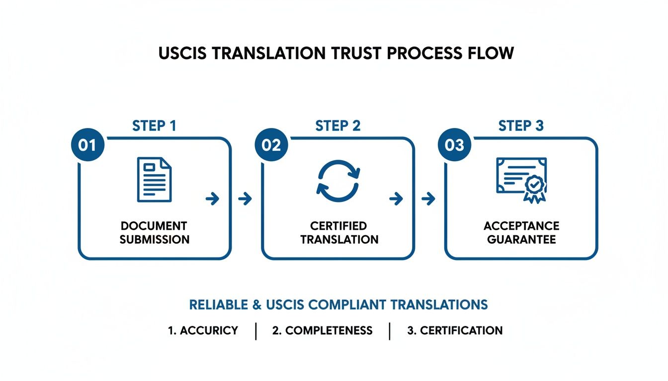 A three-step USCIS translation process: document submission, certified translation, and acceptance guarantee.