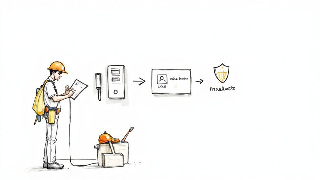 Trabajador instala equipo conectado a un sistema, procesando datos para un presupuesto. Muestra el flujo de trabajo de instalación.