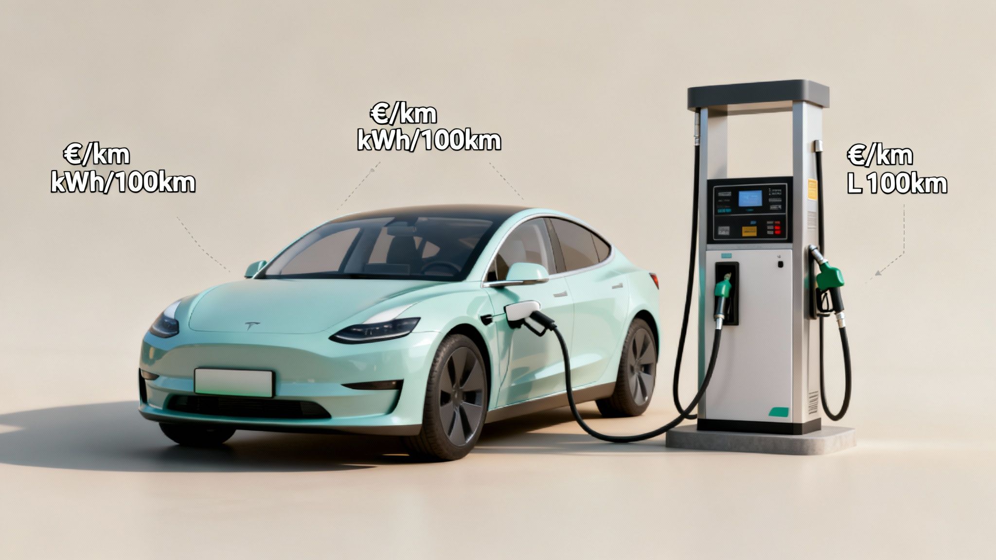 Comparación visual del coste de recarga de un coche eléctrico frente al repostaje de un vehículo de gasolina.