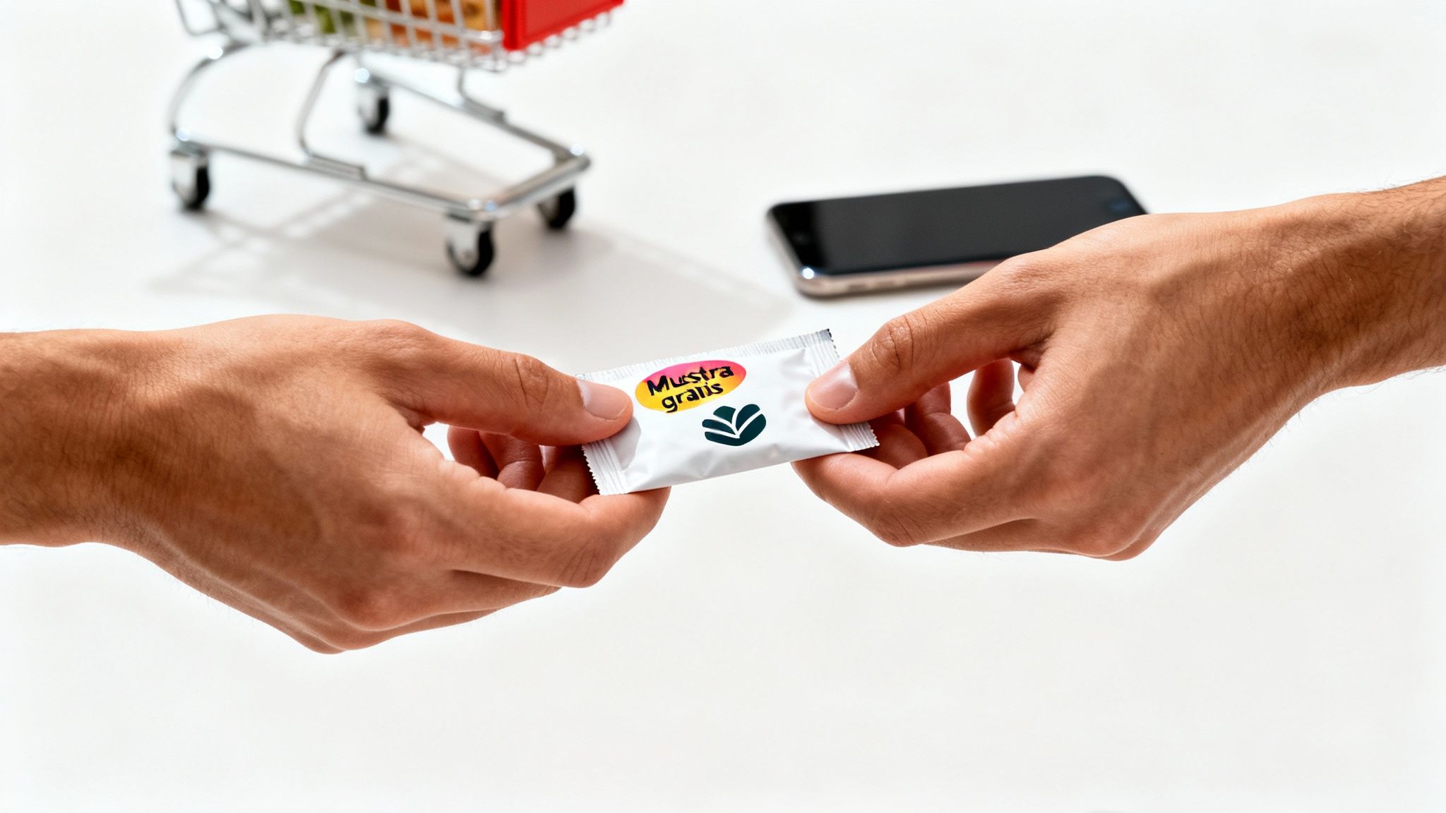 Dos manos intercambian una pequeña muestra gratuita de producto en un entorno de compras con un carrito y un teléfono.