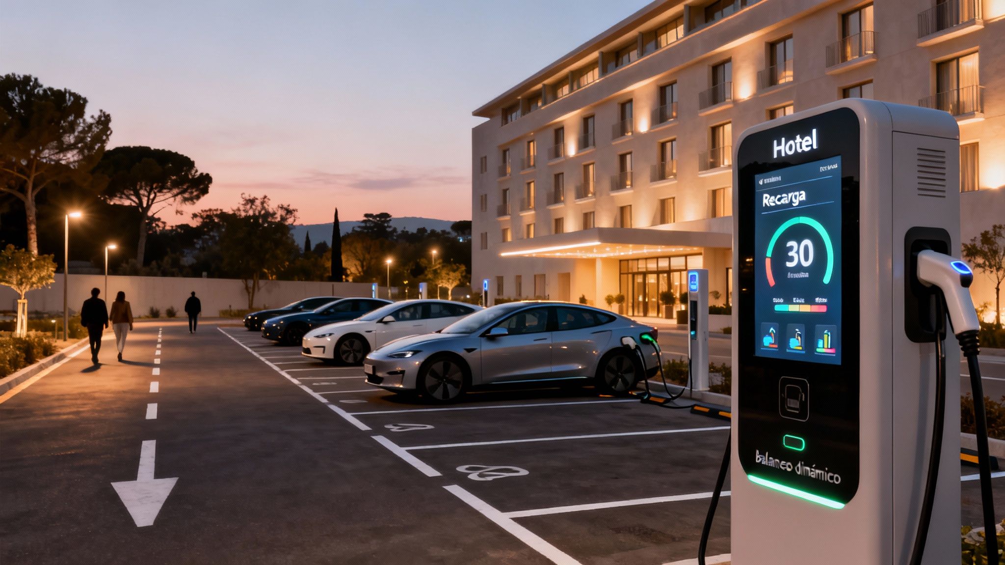 Estación de carga de vehículos eléctricos con pantalla "Recarga" en el estacionamiento de un hotel al atardecer.