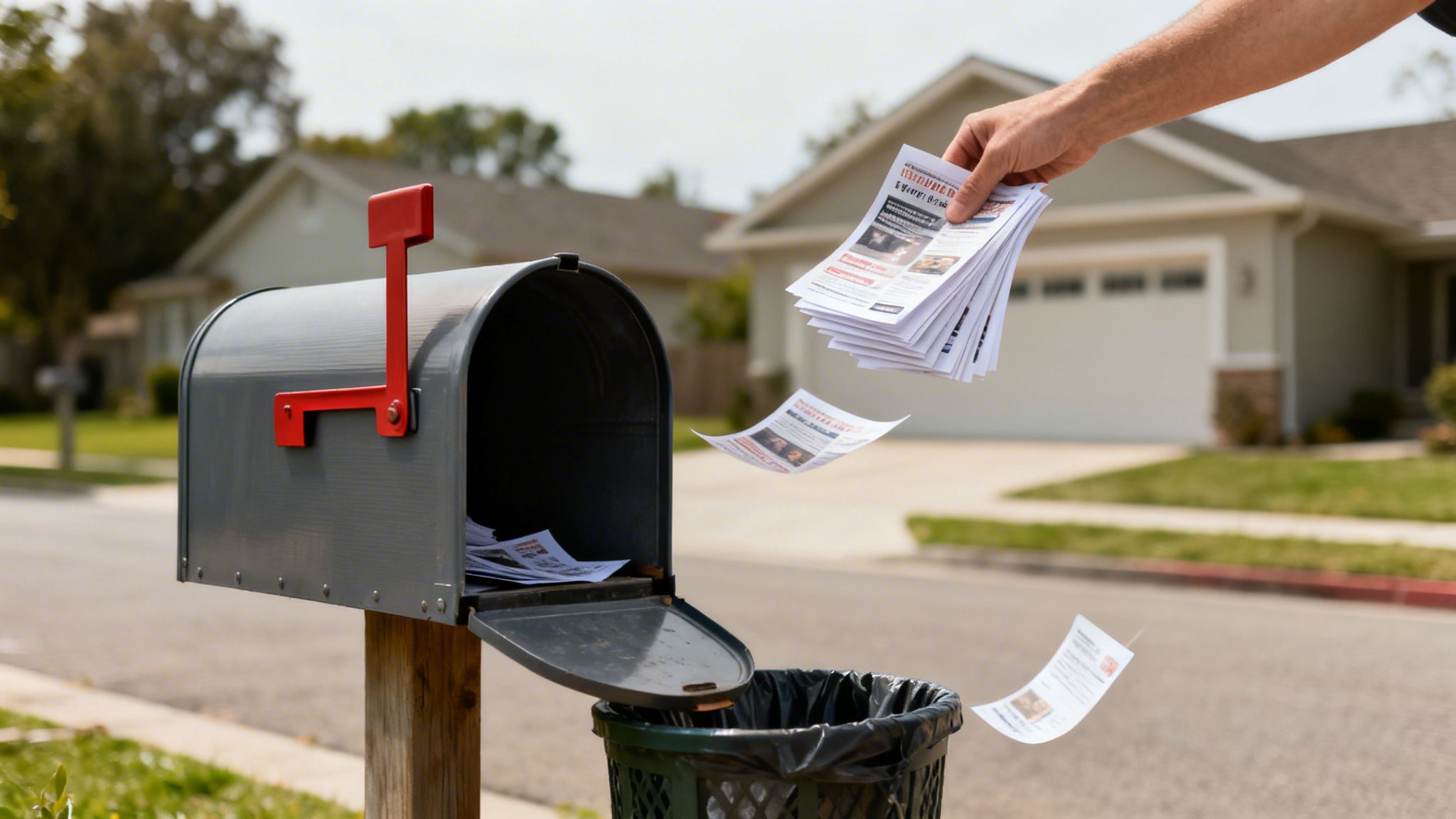 Un hombre desecha publicidad no deseada de un buzón en un bote de basura, con folletos volando.