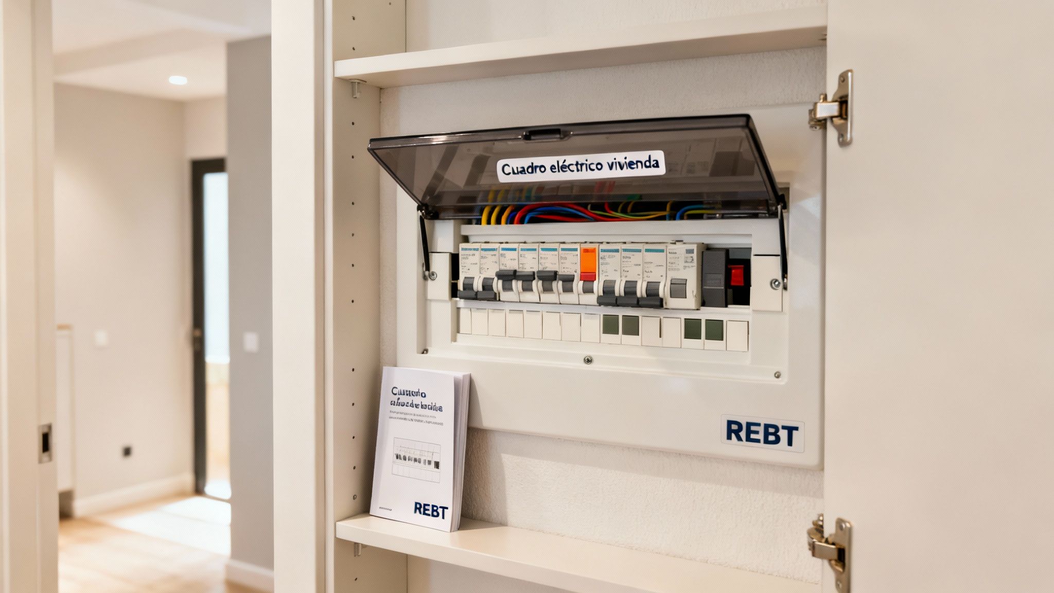 Cuadro eléctrico de vivienda con cables de colores, disyuntores y manual en un estante blanco.