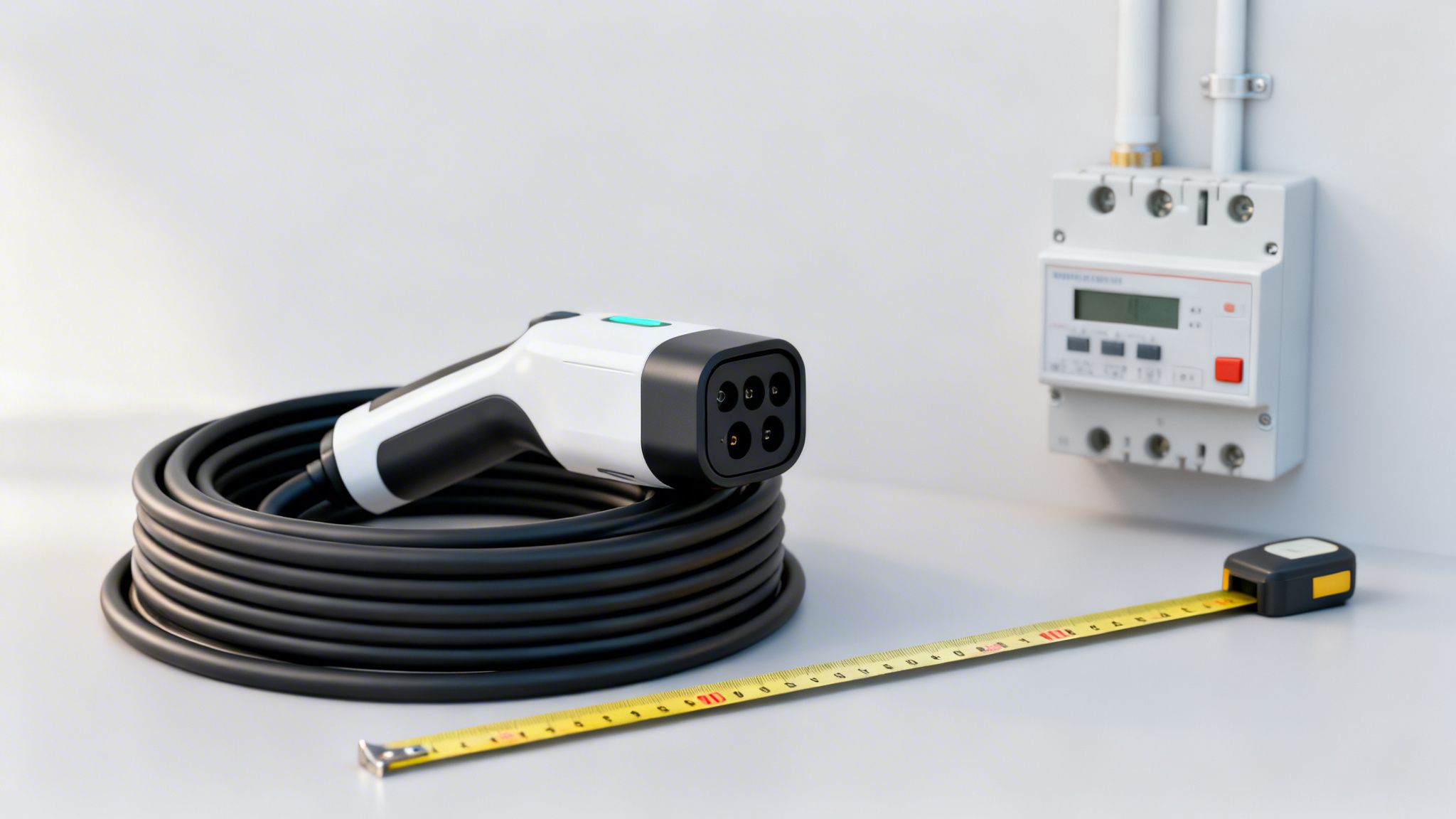 Cargador de coche eléctrico, medidor de electricidad digital y cinta métrica en una superficie blanca.