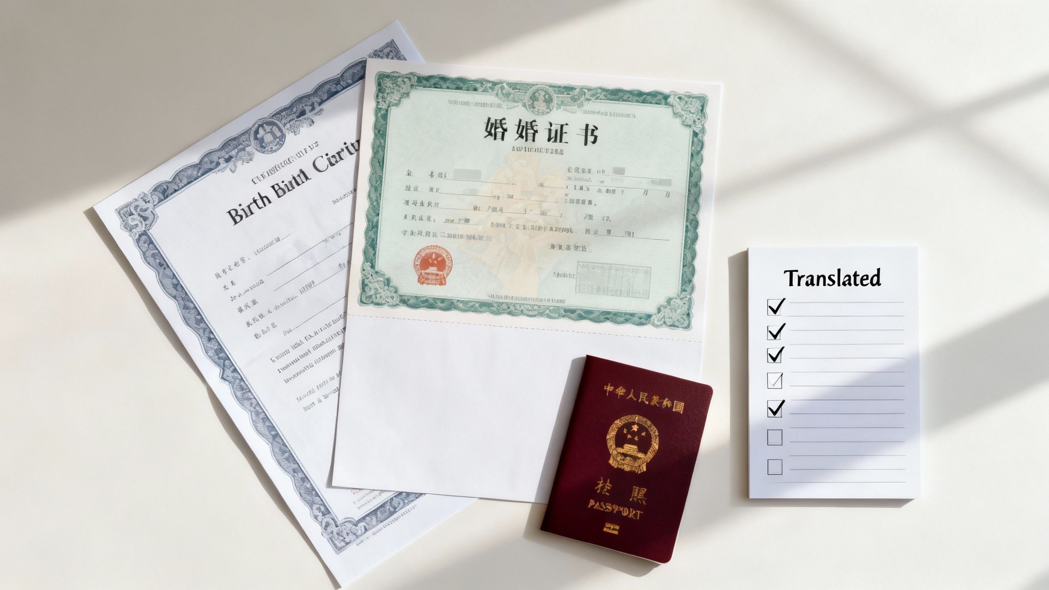 Official documents including a birth certificate, Chinese marriage certificate, passport, and 'Translated' checklist.