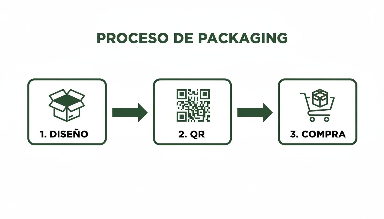 Infografía que describe el proceso de packaging en tres pasos: diseño, código QR y compra del producto.