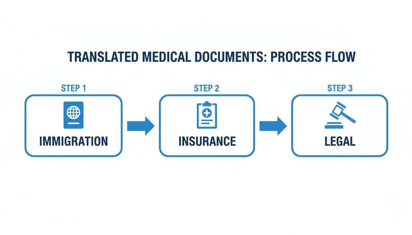 Process flow diagram for translated medical documents, detailing steps for immigration, insurance, and legal requirements.