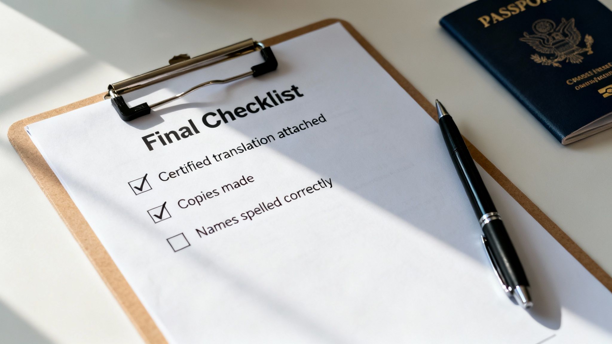 A 'Final Checklist' document on a clipboard, showing two items checked, next to a pen and a passport.