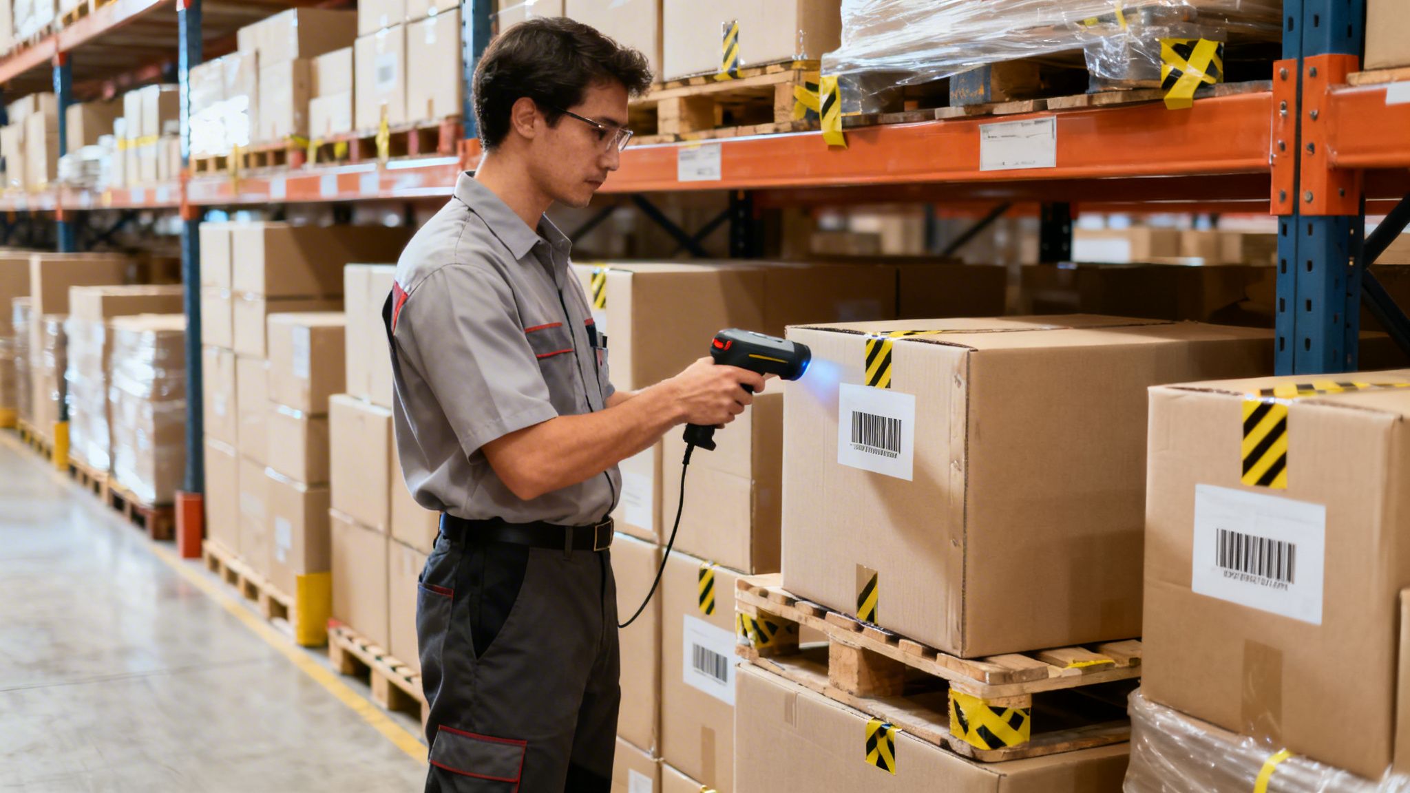 Un trabajador escanea una caja con código de barras en un almacén moderno.