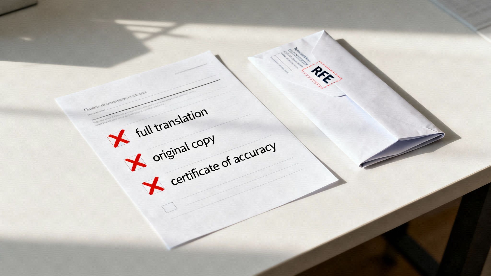 A document with 'full translation', 'original copy', and 'certificate of accuracy' checked, next to an RFE envelope on a desk.