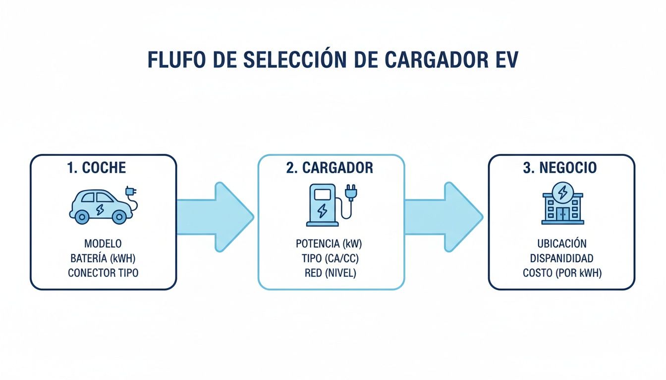 Diagrama de flujo que muestra el proceso de selección de un cargador EV, detallando coche, cargador y negocio.
