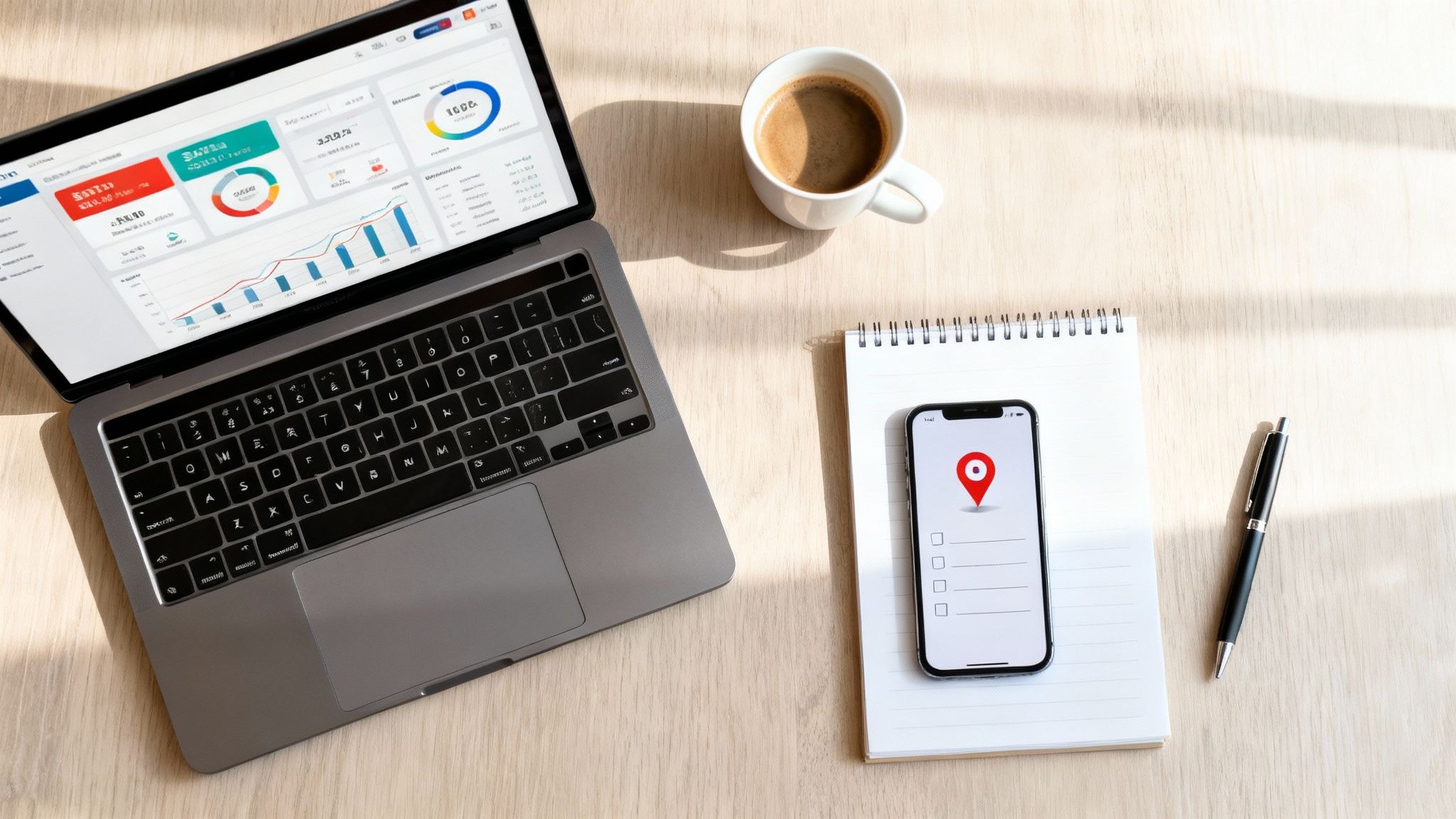 Un espacio de trabajo moderno con laptop, café, smartphone con pin de ubicación y elementos de oficina.