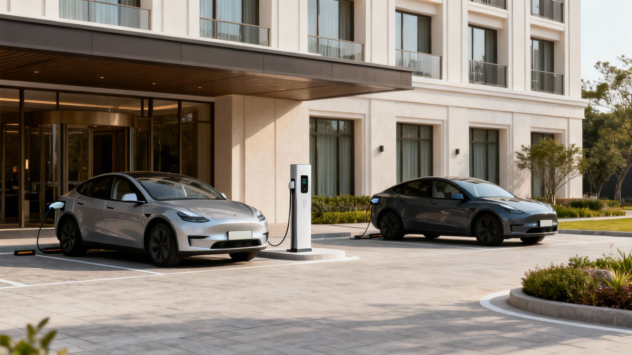 Dos coches eléctricos Tesla, uno plateado y otro gris, se recargan en estaciones modernas fuera de un hotel.