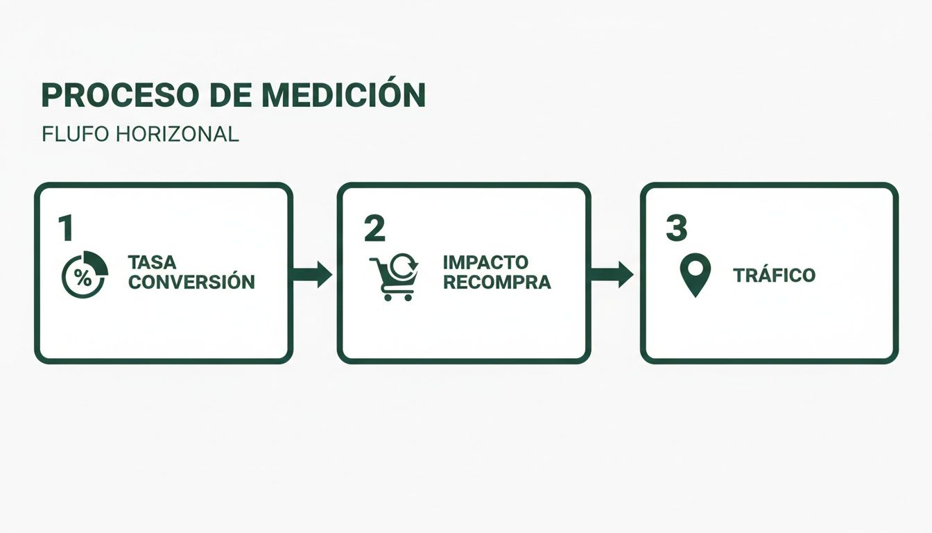 Diagrama de flujo horizontal que ilustra el proceso de medición con pasos clave: Tasa de Conversión, Impacto de Recompra y Tráfico.