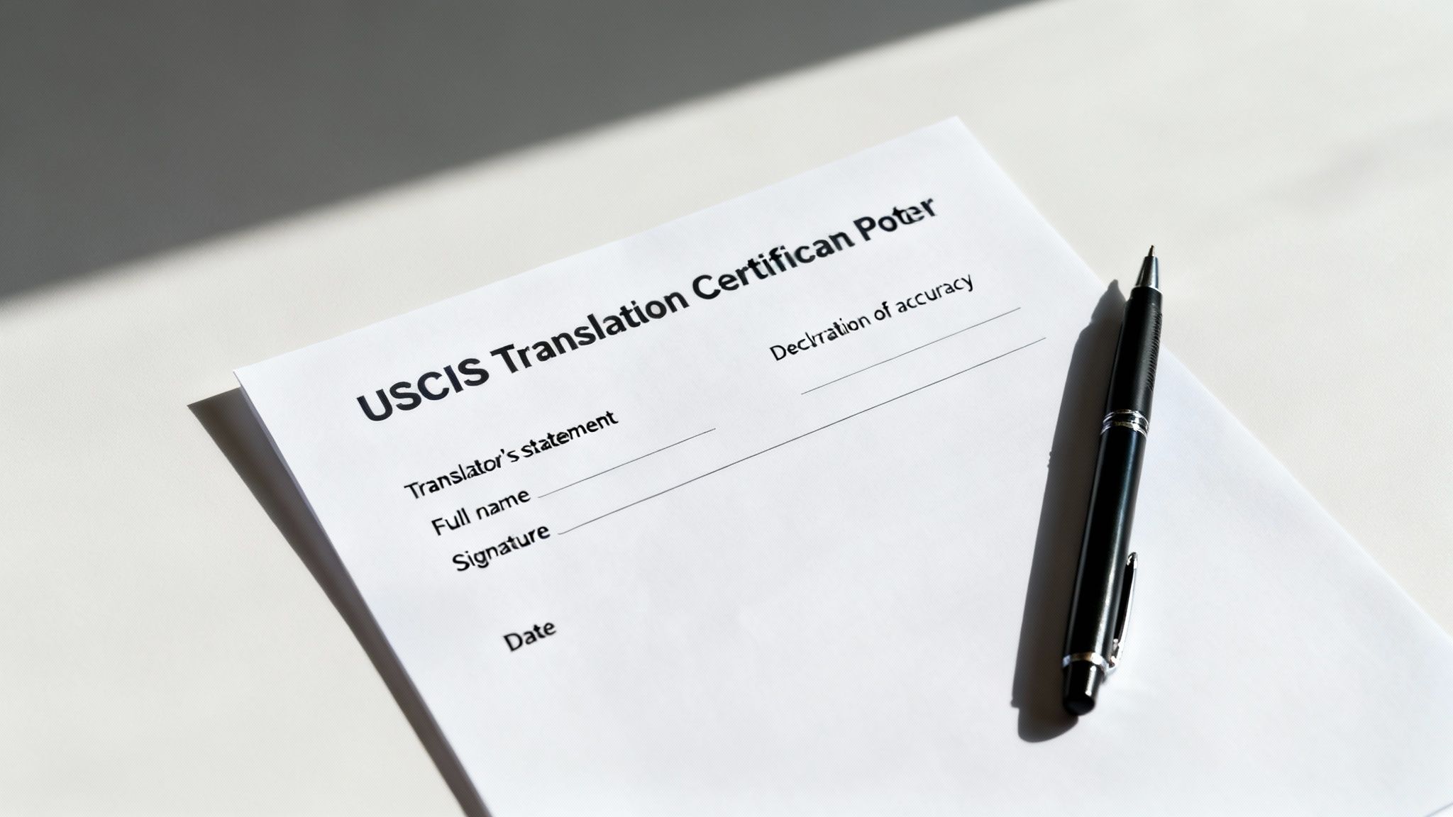 A USCIS translation certification form with blank fields and a black pen on a white surface.