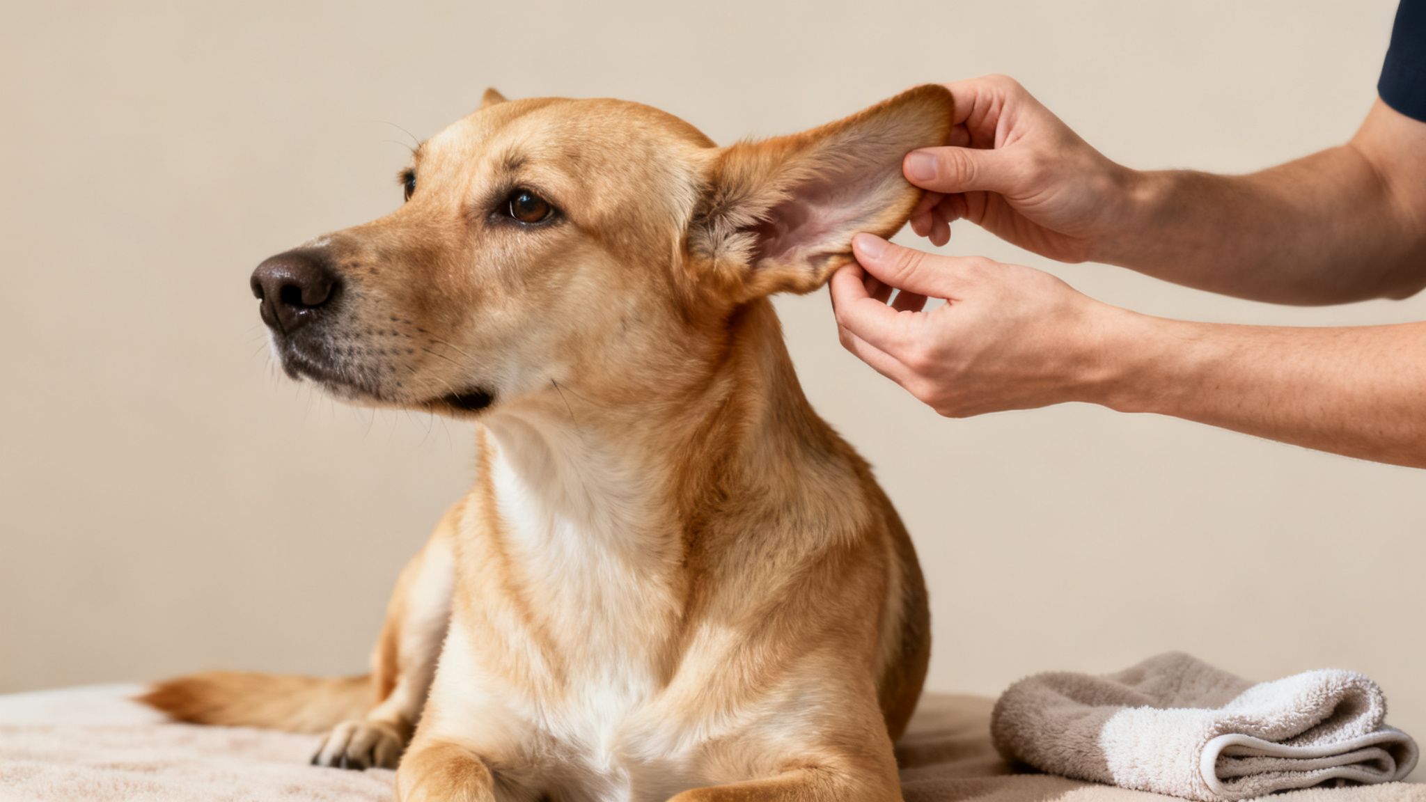 Persona cuidando la oreja de un perro de color miel, recostado sobre una manta clara.