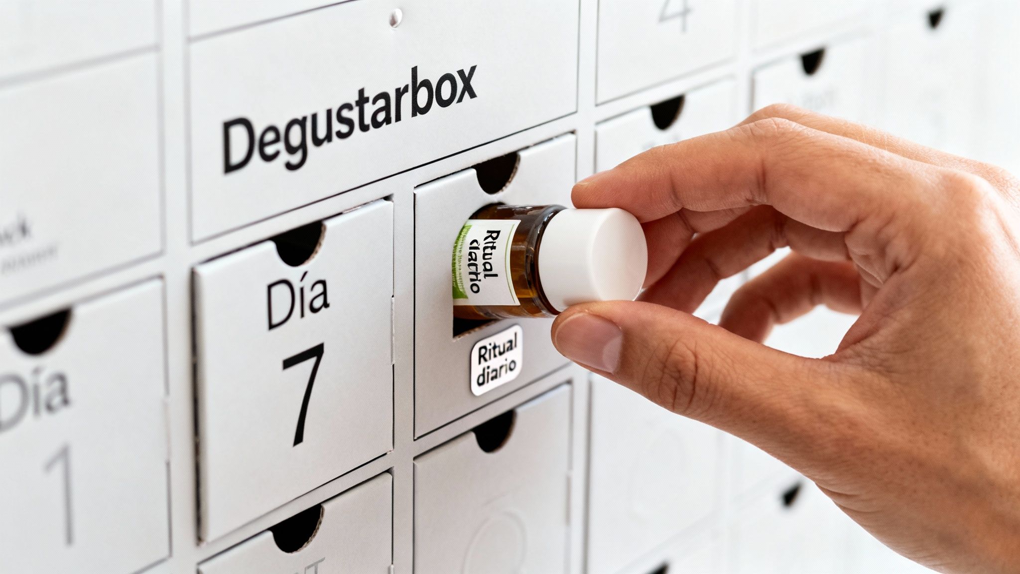Mano saca una pequeña botella etiquetada 'Ritual diario' de un calendario Degustabox, día 7.