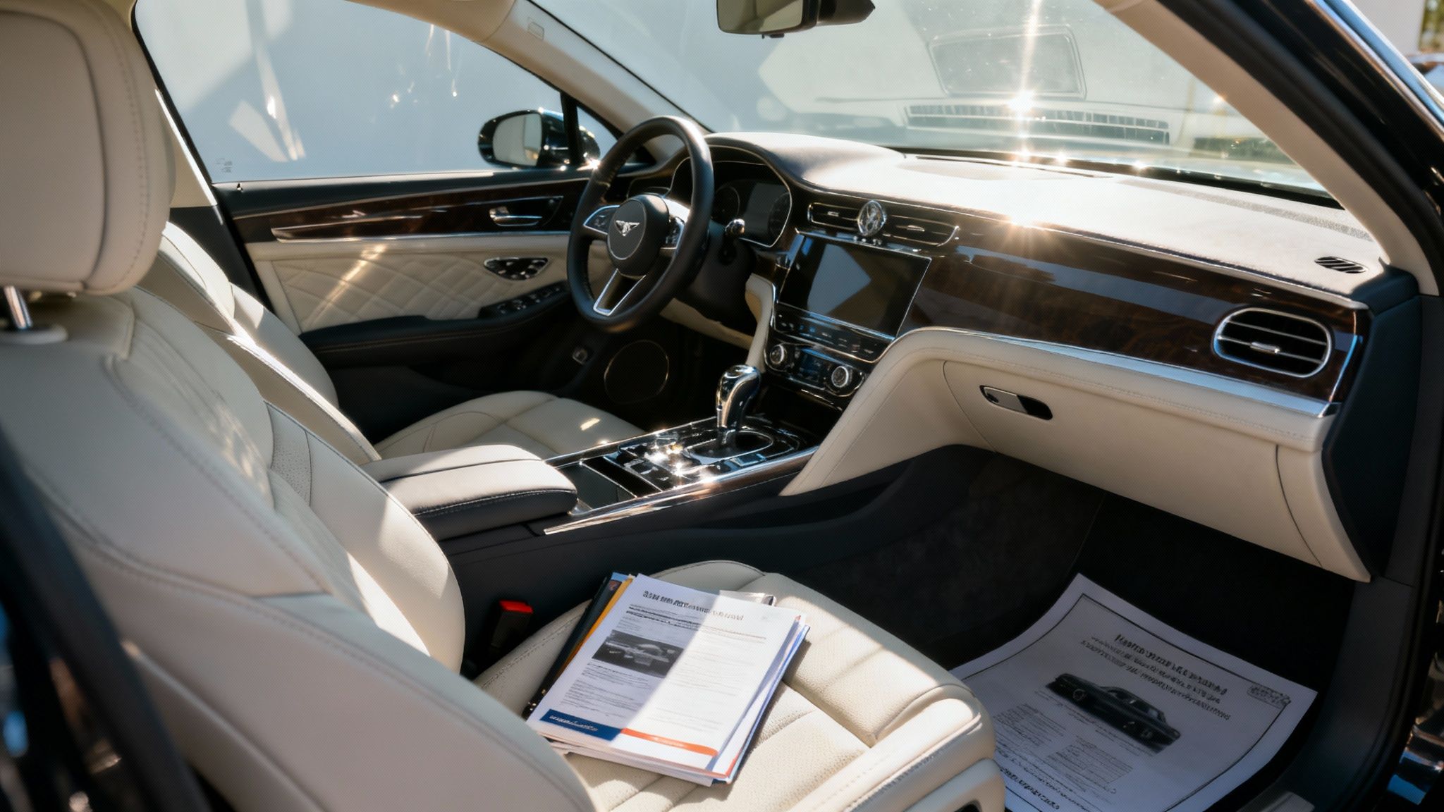 Interior de lujo de un coche Bentley con asientos de cuero crema, volante y salpicadero elegante.