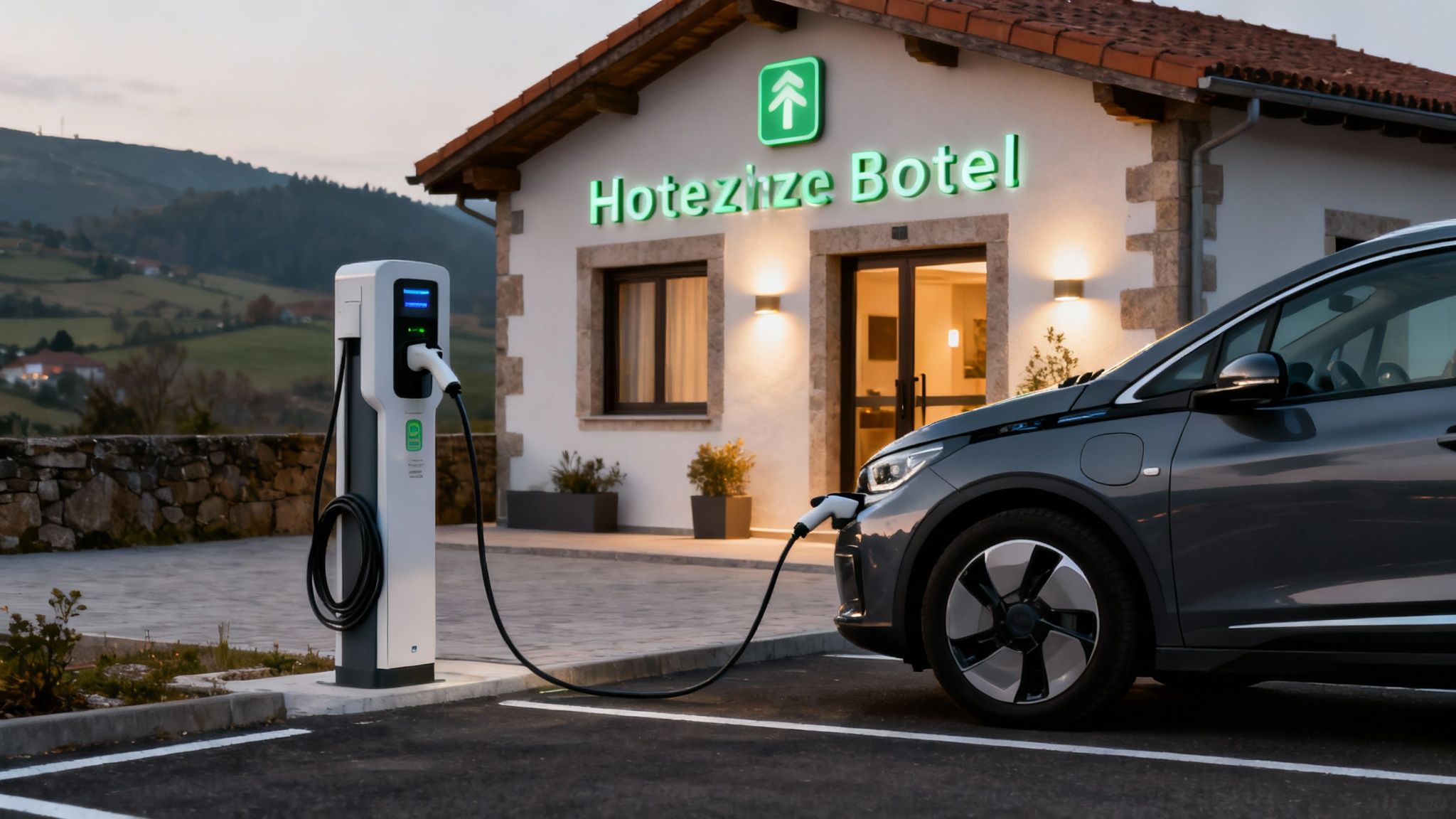 Coche eléctrico cargando en una estación de carga frente al Hotezhze Botel con un paisaje montañoso al atardecer.