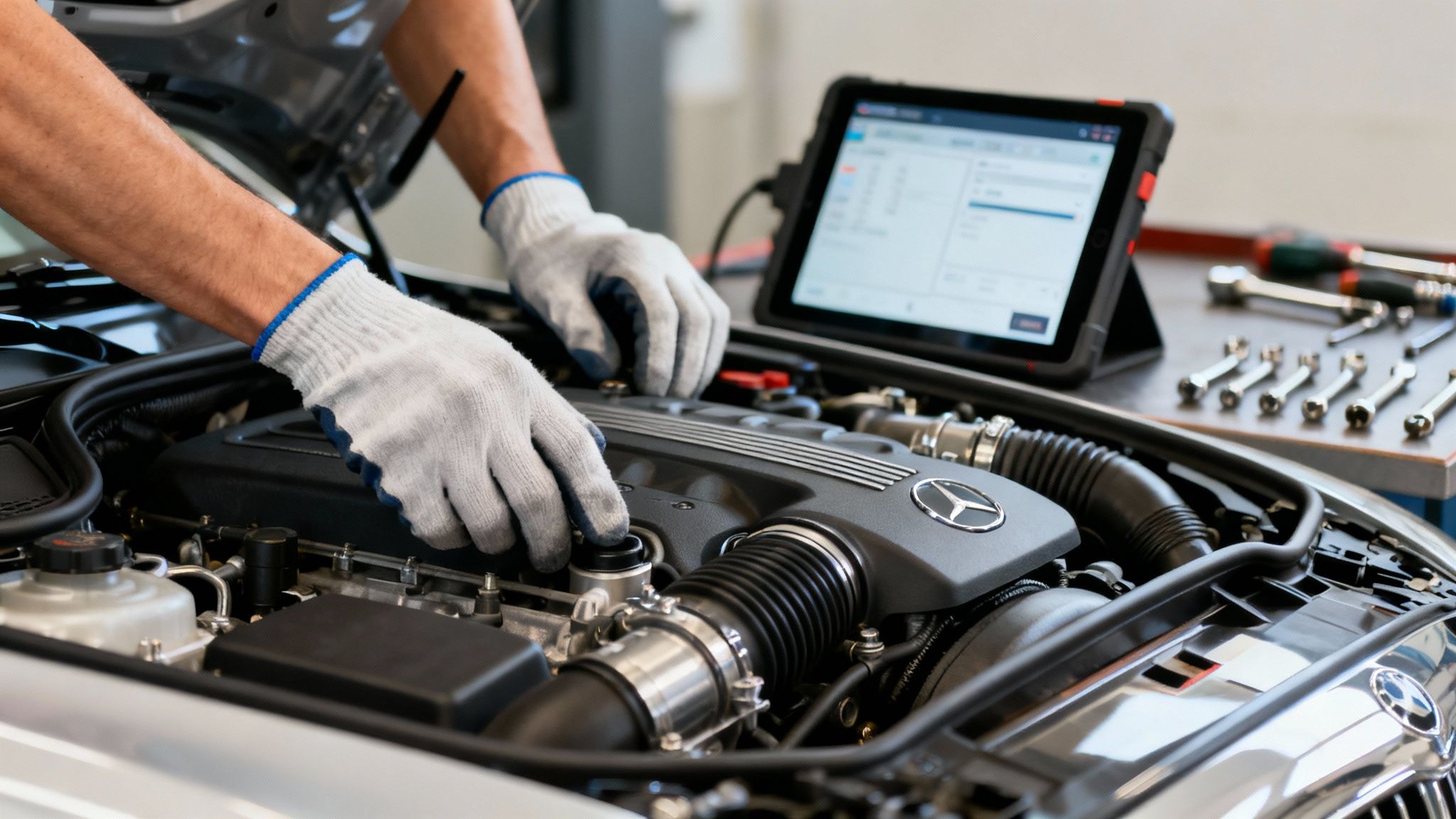 Mecánico con guantes trabajando en el motor de un coche Mercedes-Benz, usando una tableta de diagnóstico.