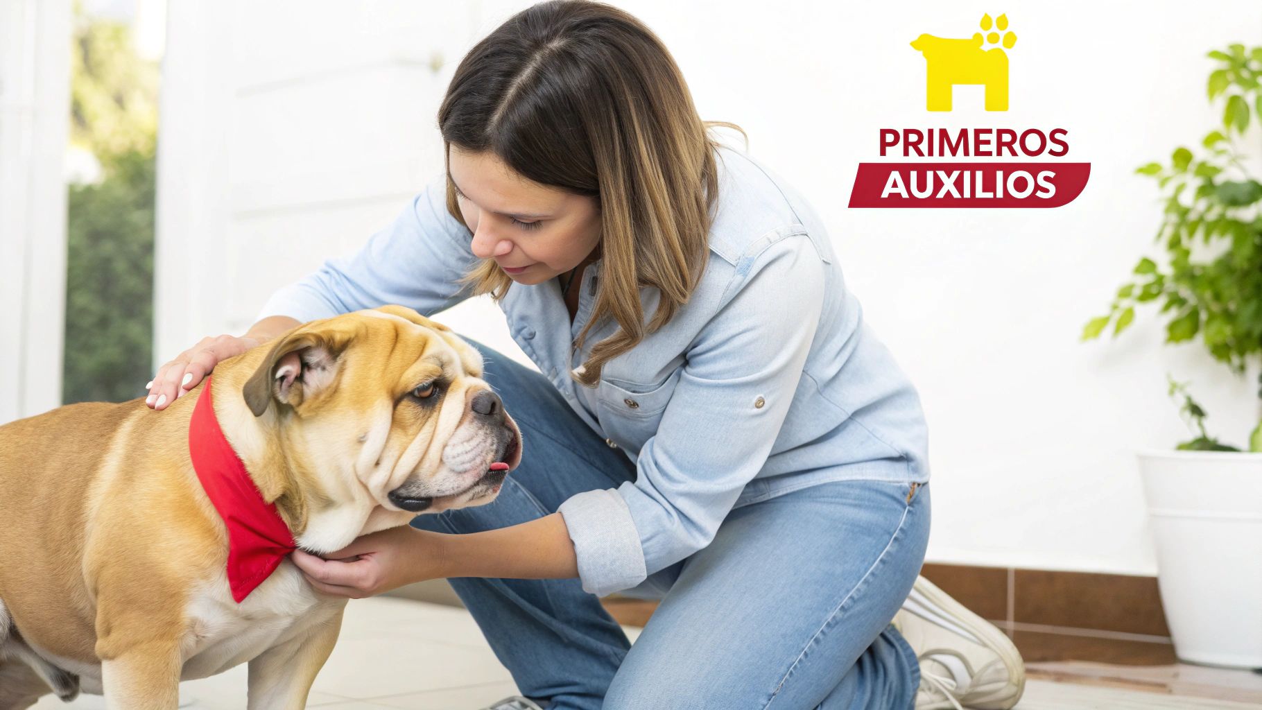 Una mujer cuida y acaricia a un bulldog inglés con un pañuelo rojo, con logo de primeros auxilios.