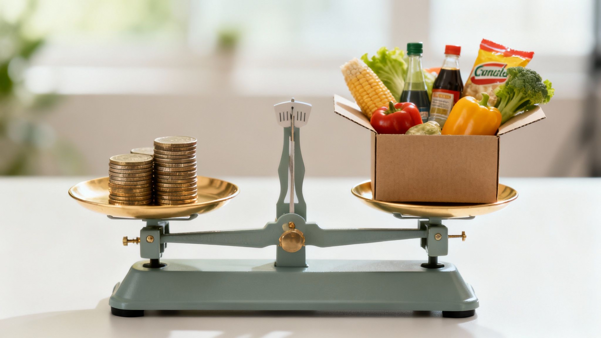Una balanza con monedas de oro en un lado y una caja de comestibles en el otro, representando el costo de los alimentos.