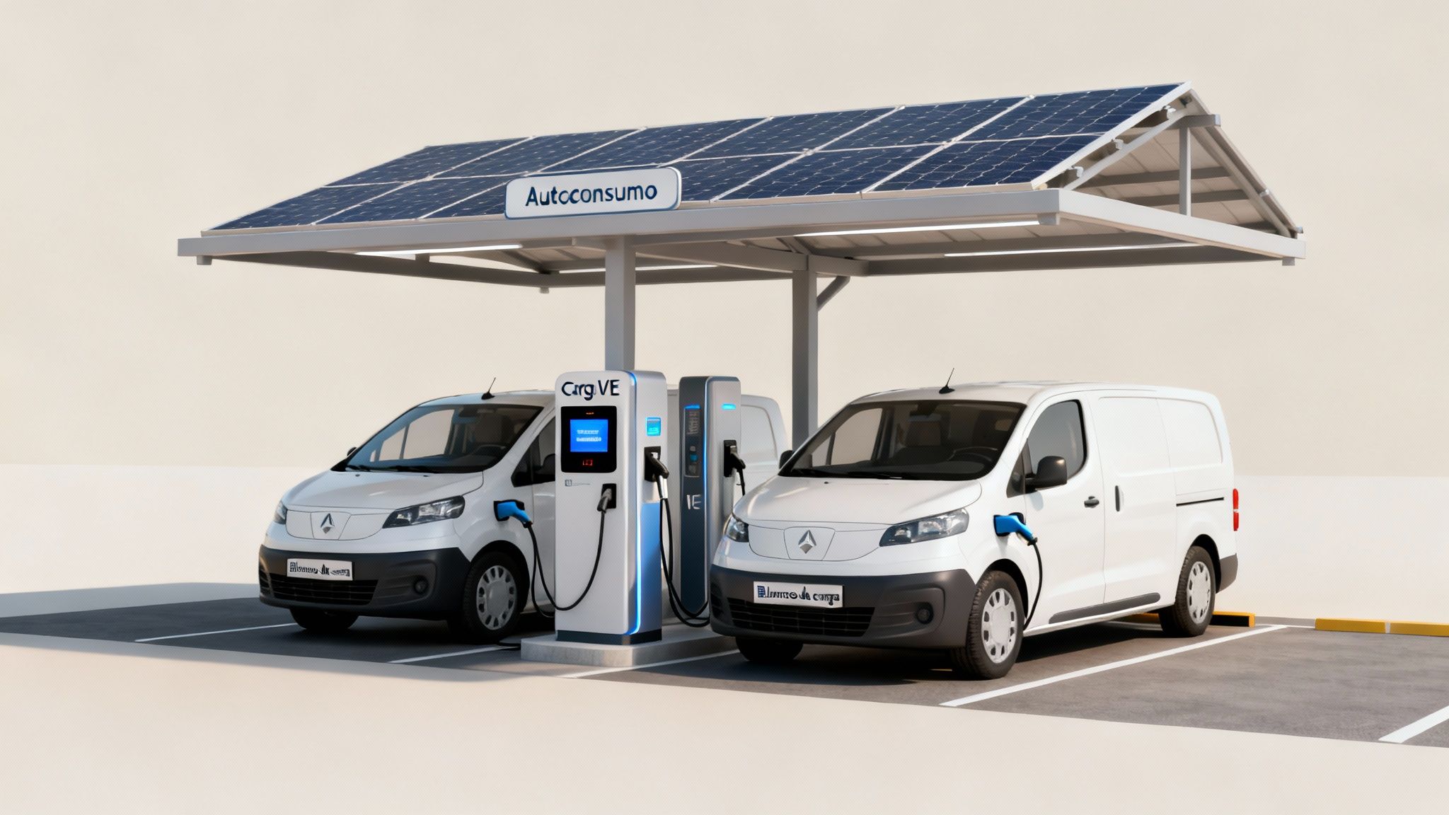 Dos furgonetas eléctricas blancas cargando bajo un tejado con paneles solares para autoconsumo.