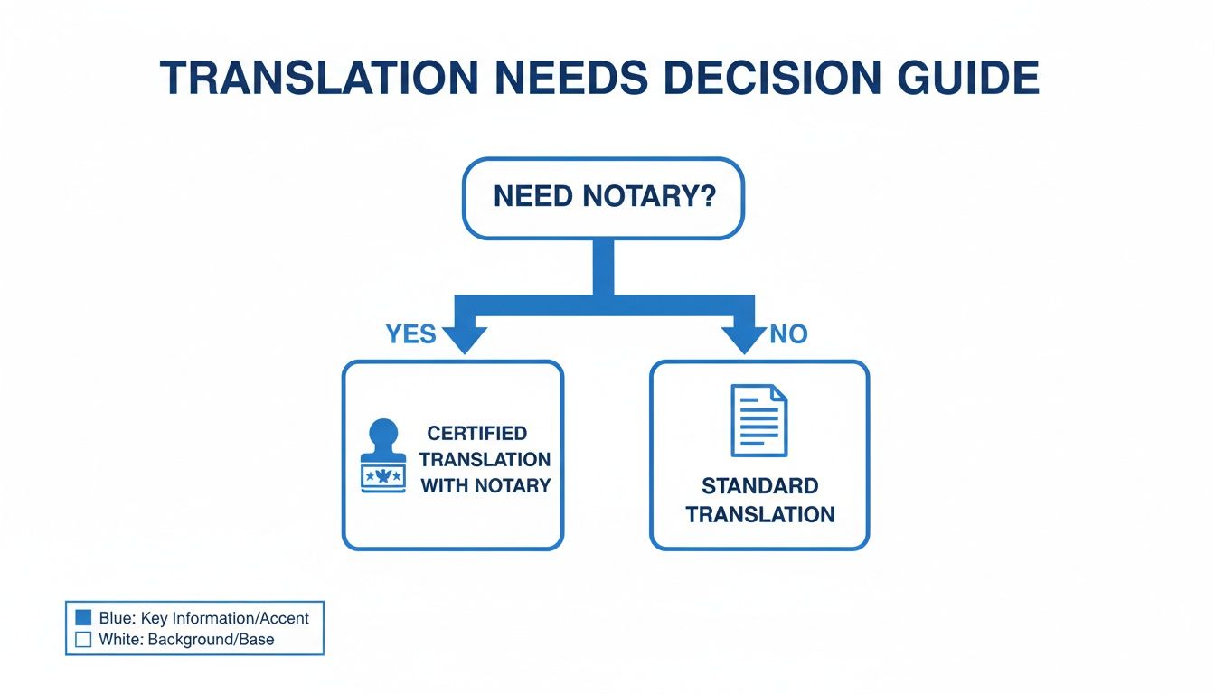 Flowchart for translation needs, asking if notary is required for certified or standard translation.