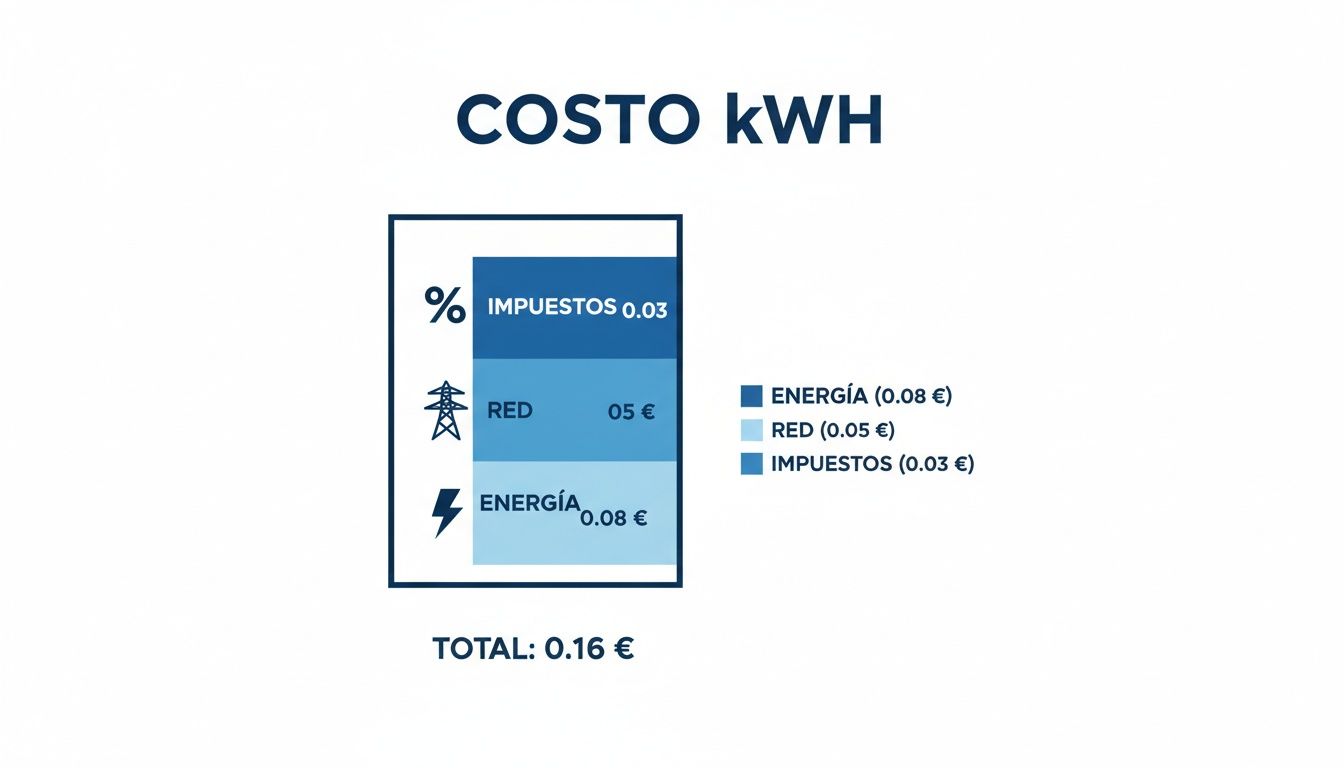 Desglose visual del precio del kWh de electricidad, mostrando energía, red e impuestos.