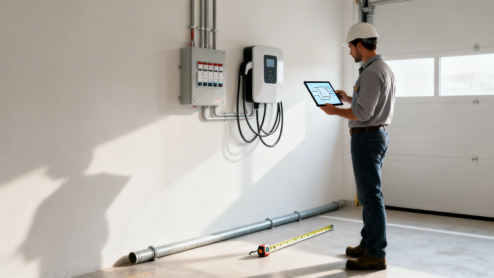 Ingeniero con casco blanco revisa instalación eléctrica de cargador EV y cuadro con tableta.