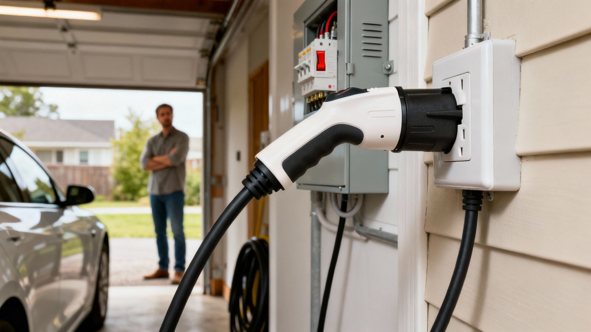 Cargador de coche eléctrico conectado a la pared del garaje, con un hombre mirando un coche blanco.