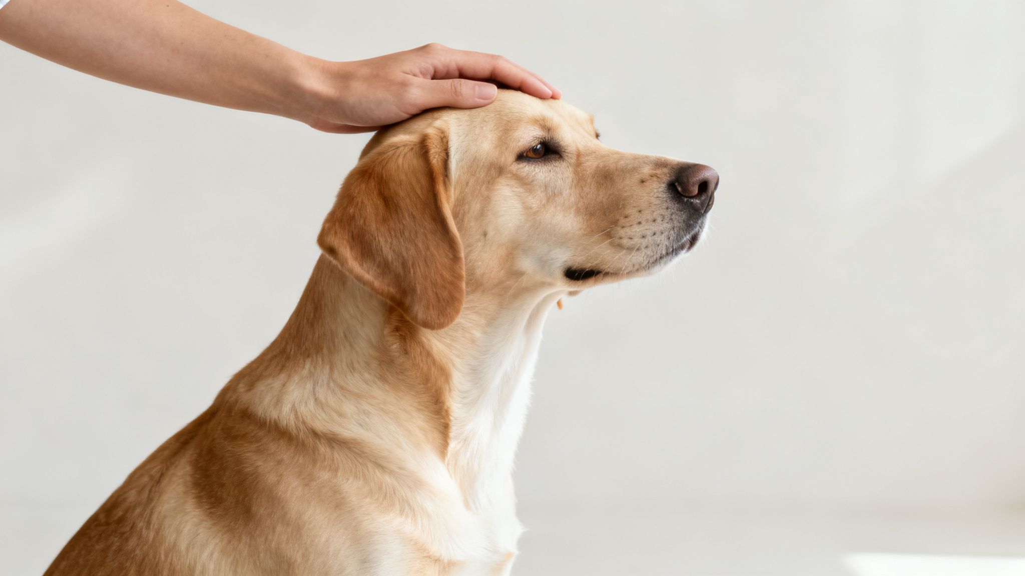 Una persona acaricia suavemente la cabeza de un Labrador Retriever de color dorado.