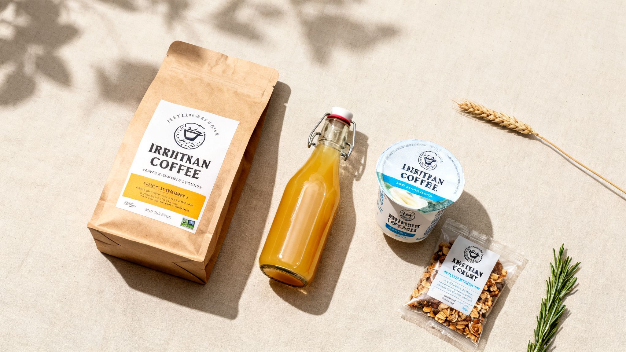 Productos de desayuno Irriitnan: café, jugo, yogur y granola en un fondo claro con sombras.
