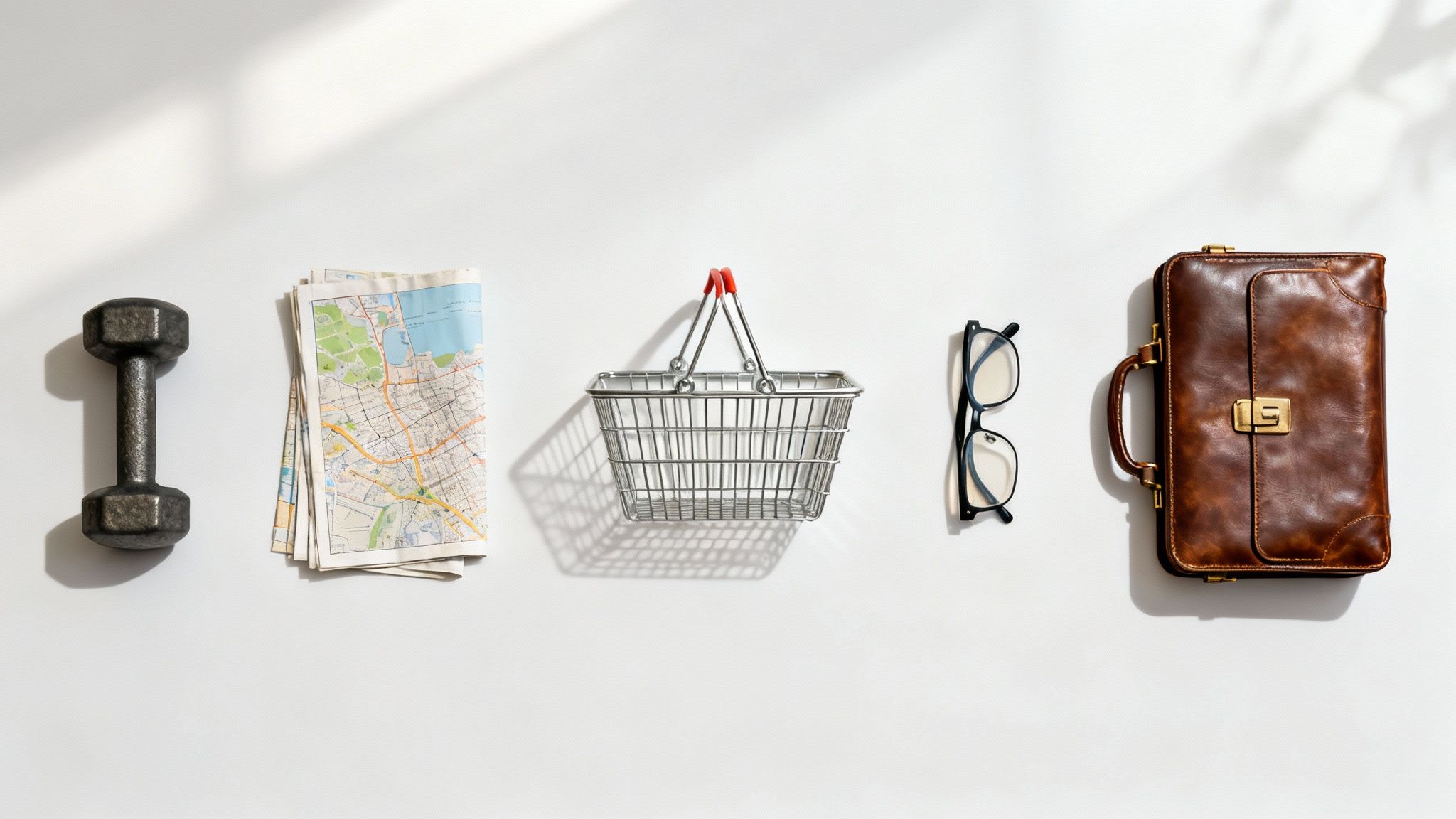 Una pesa, mapas, un cesto de compras, gafas y un maletín de cuero sobre fondo blanco.