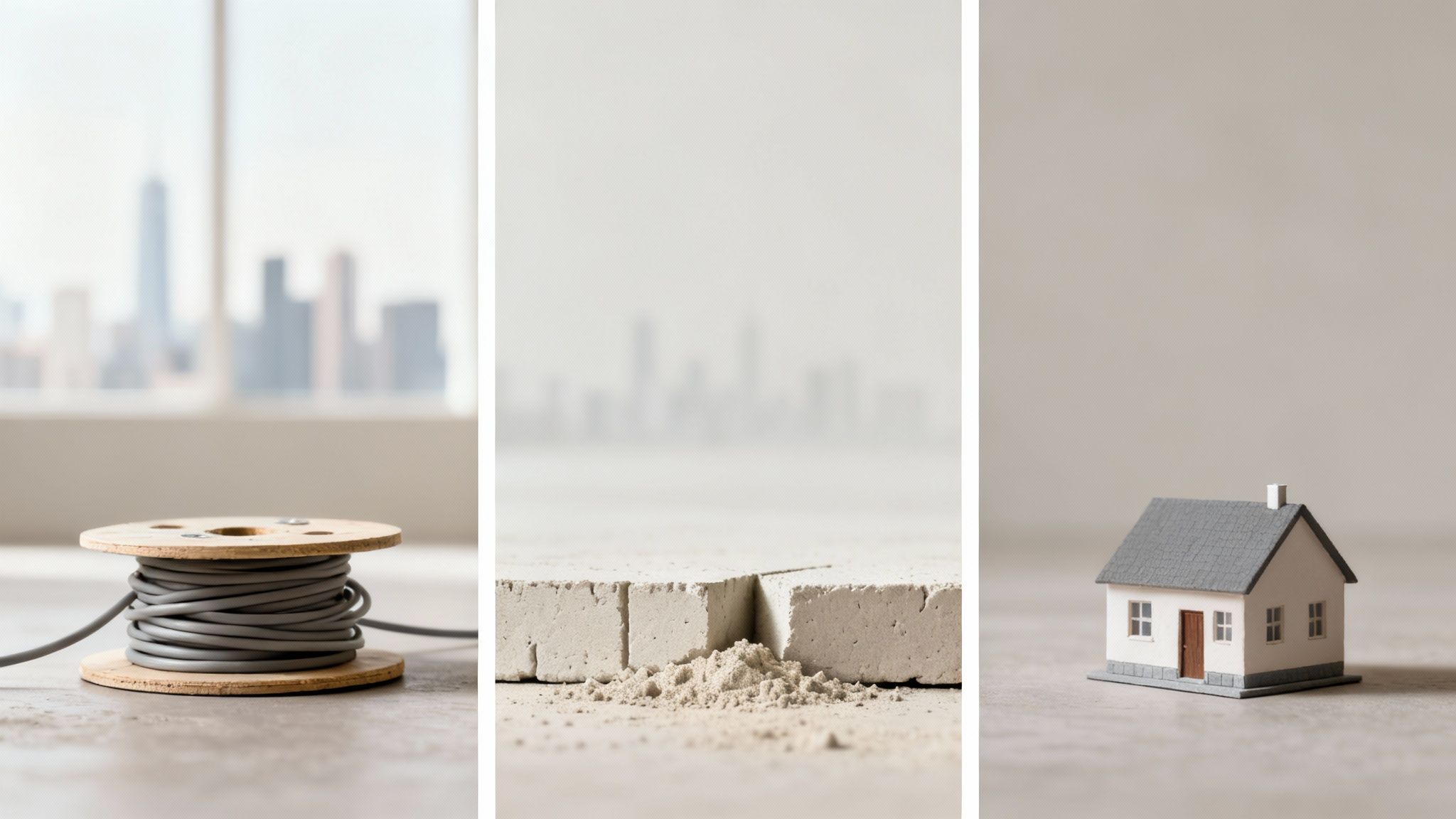Bobina de cable eléctrico, bloques de construcción y una casa en miniatura, representando instalación y vivienda.