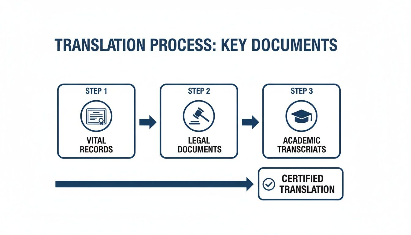 Flowchart illustrating the translation process for vital, legal, and academic documents leading to certified translation.