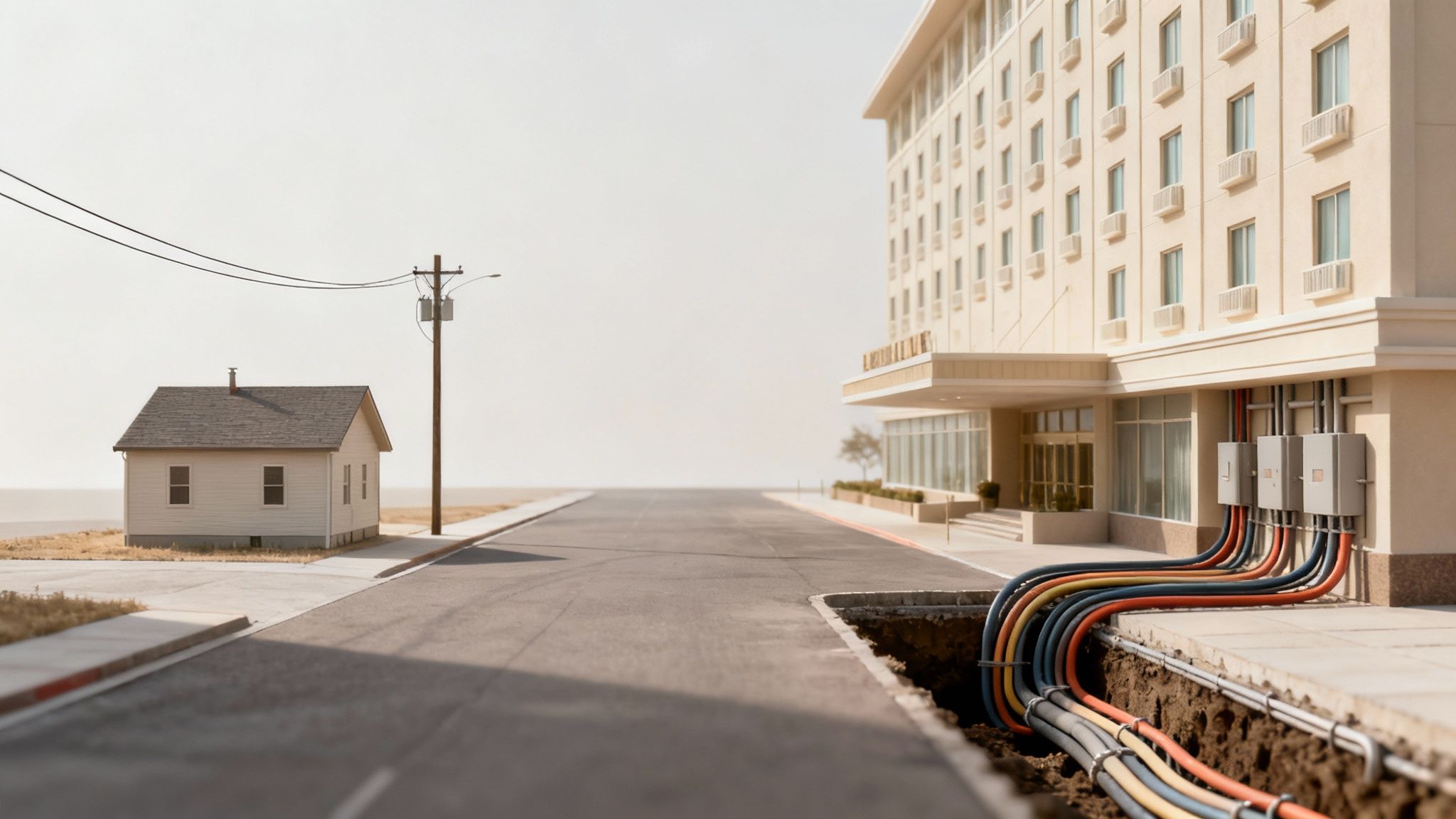 Maqueta detallada de un vecindario con cables eléctricos subterráneos y conexiones de servicio a edificio.